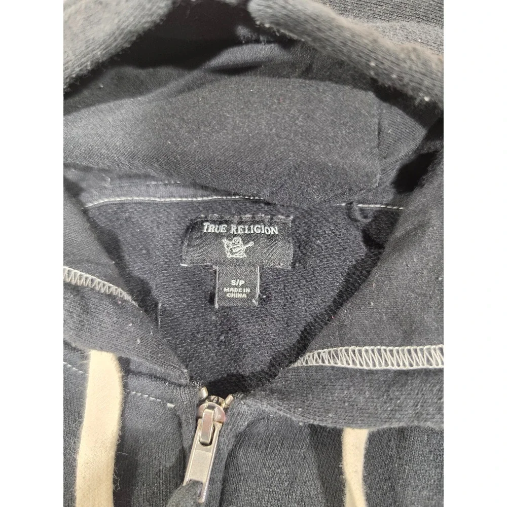 True Religion Mens Black World Tour Buddha Zip Up Hoodie Small Contrast Stitch S